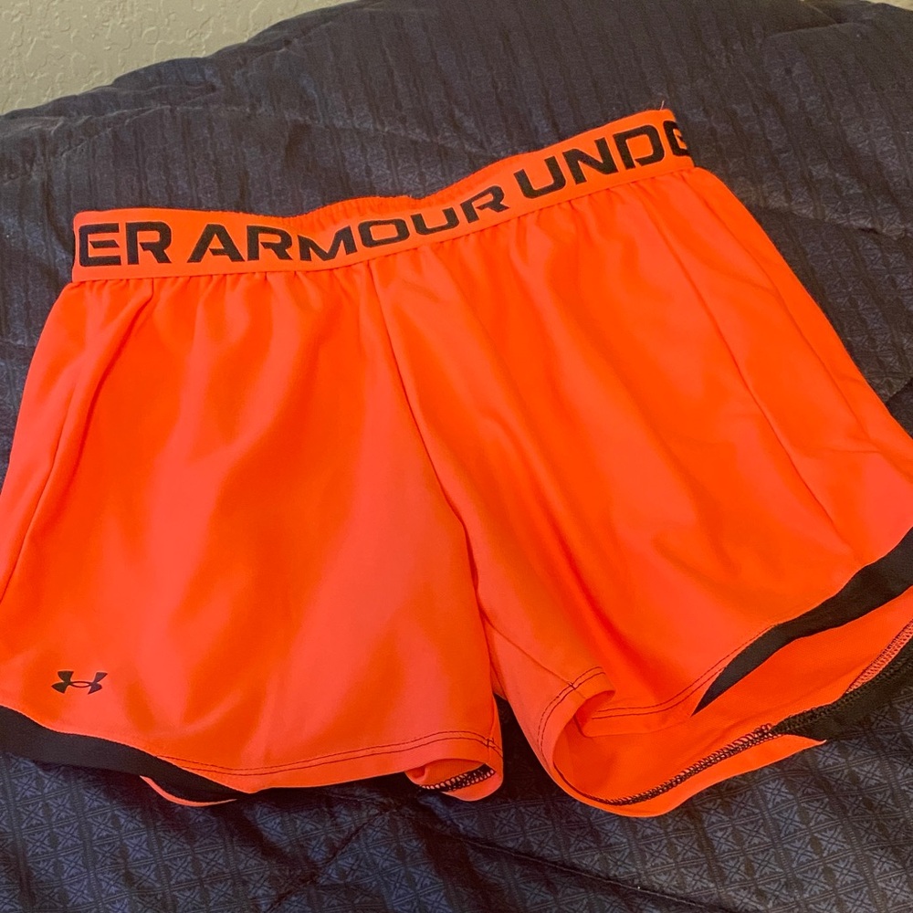Under Armour Women's Neon Coral Athletic Shorts with Black Waistband